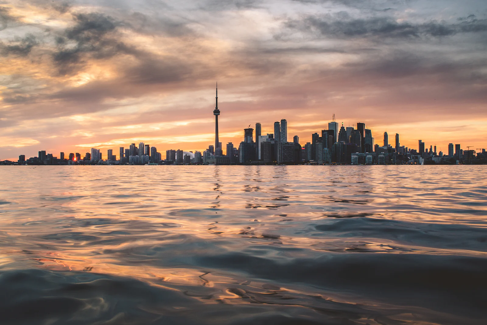 Toronto skyline at sunset with CN Tower
