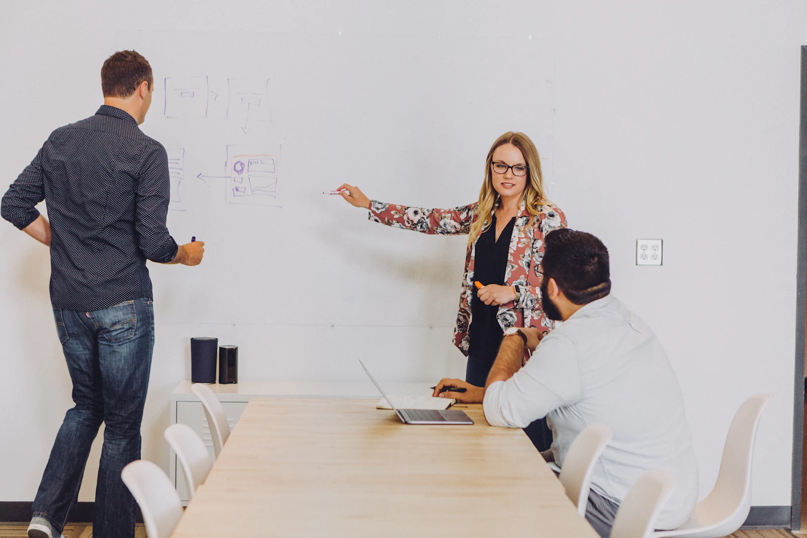 Marketing strategy presentation on a whiteboard