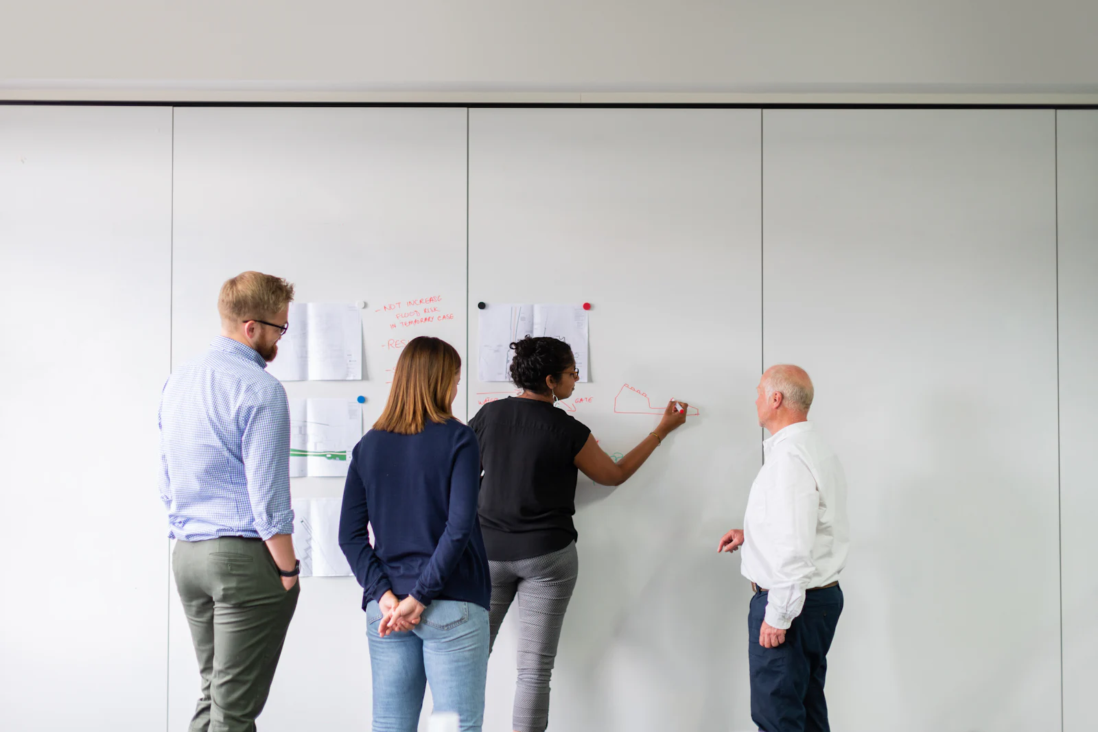 Team listening and discovering client goals at a whiteboard